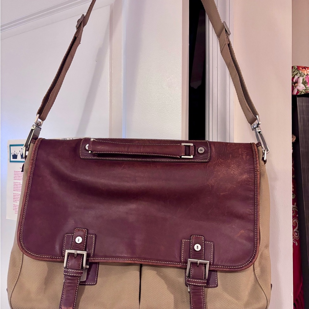 Hartmann Hudson Collection Messenger Briefcase – Tan Canvas & Brown Leather